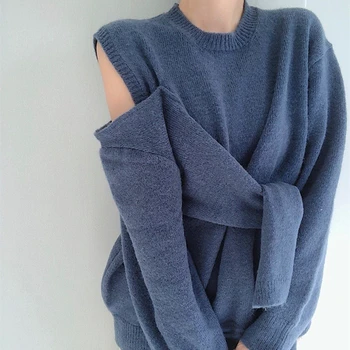 

Stylish Chic O-neck Off-the-shoulder Women Jumpers Fake Two pieces Long Sleeve Female Solid Knitted Sweater Pullovers vs498