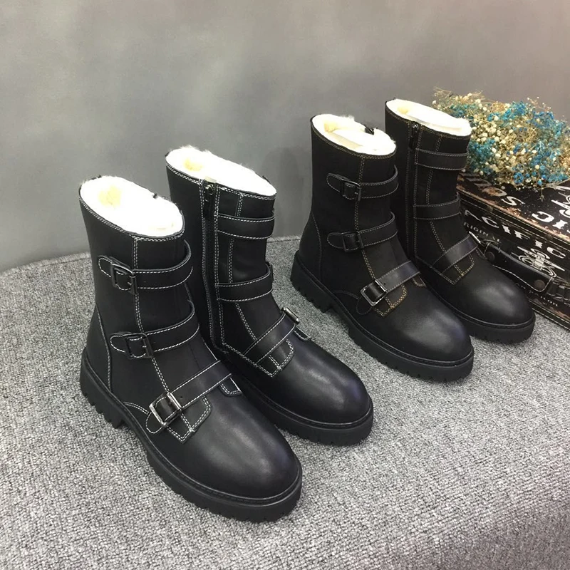 Женская зимняя кожаная обувь в британском стиле; зимние ботинки с пряжкой и молнией; женские ботильоны на низком каблуке; черные короткие женские теплые ботиночки