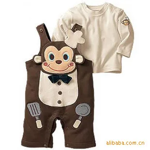 

Special Offer Spring Men And Women Baby Set Chef Small Monkey Suspender Pants Long-sleeved T-shirt Trousers Two-Piece Set
