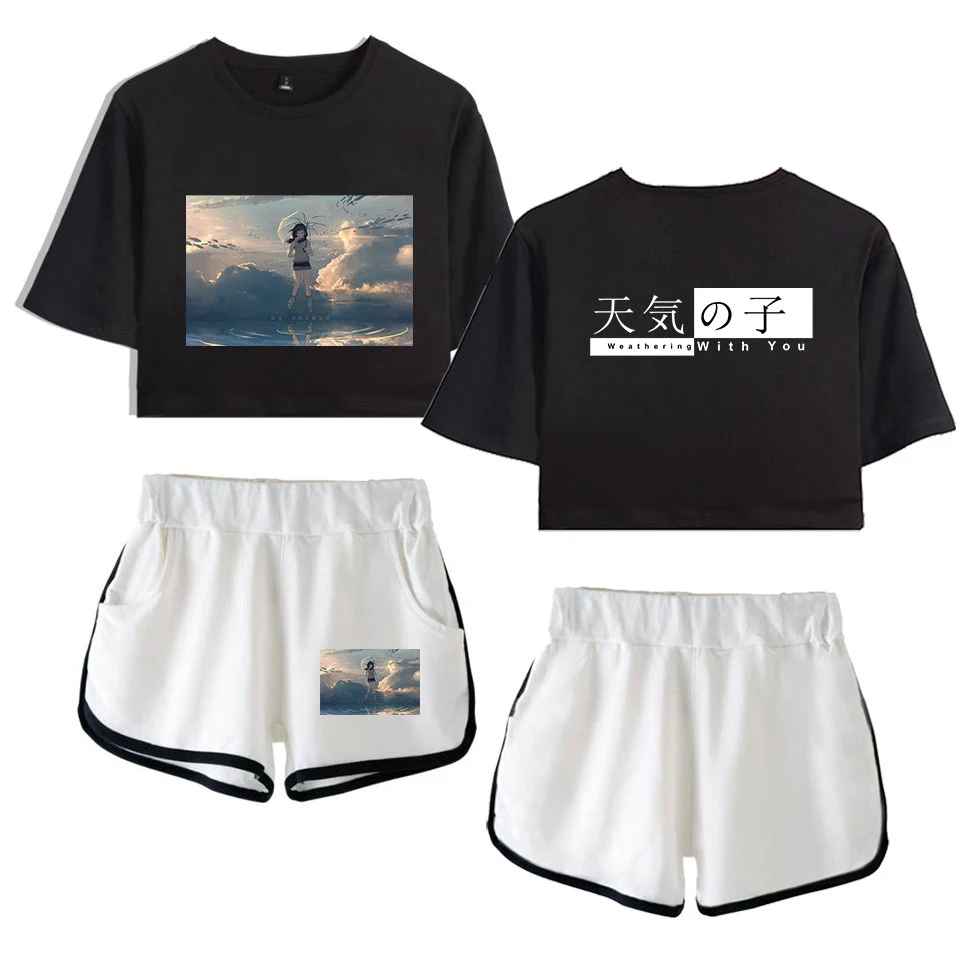 Son of the weather  Women Summer Fashion Harajuku Two piece sets summer streetwear navel tshirt + shorts set