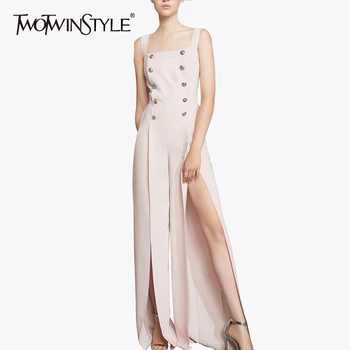 

TWOTWINSTYLE Split Women's Jumpsuit Spaghetti Square Collar Sleeveless Wide Leg Pants Female Jumpsuits 2020 Spring Fashion New