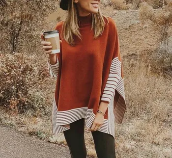 

Autumn Womwn Turtleneck Sweater Knit Batwing Sleeve Striped Cloaks Cloak Vintage Casual Loose Sweater