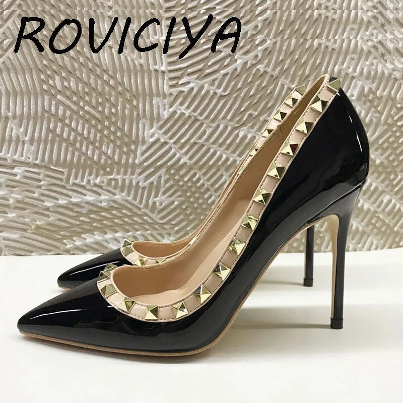 

Women Pumps Classics High Heel Shoes 10cm Rivets Thin Heel Pointed Toe Black Matte Fashion Women Wedding Shoes MD022 ROVICIYA