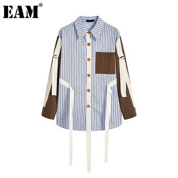 

[EAM] Women Blue Ribbon Striped Big Size Blouse New Lapel Long Sleeve Loose Fit Shirt Fashion Tide Spring Summer 2020 1Z383