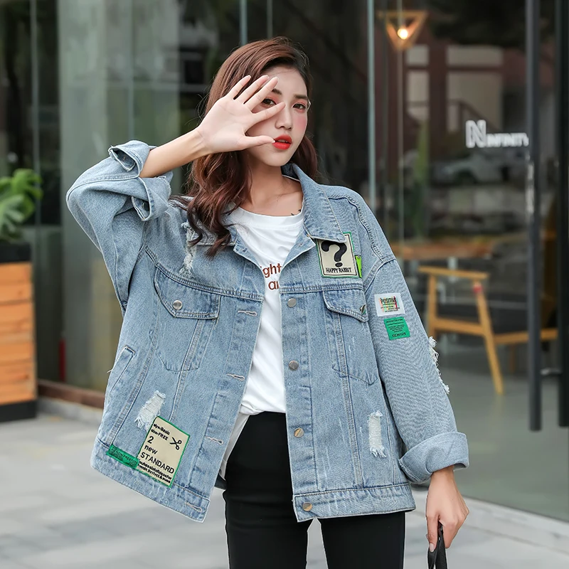 

2019 Autumn Womens Jean Jackets Retro Turn-down Collar Denim Jacket Loose Basic Coats Motorcycle Punk Ripped Hole Female Outwear
