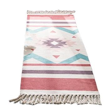 

Bohemian Hand Tassel Woven Cotton Linen Carpet Bedside Rug Geometric Floor Mat Long Rug Tapestry Home Decoration