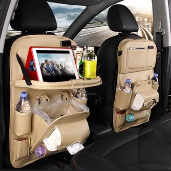 

7 Pockets PU Leather Car Seat Back Storage Hang Bag Multi-functional Holder Universal Foldable Table Tray Travel Storage Bag 1PC