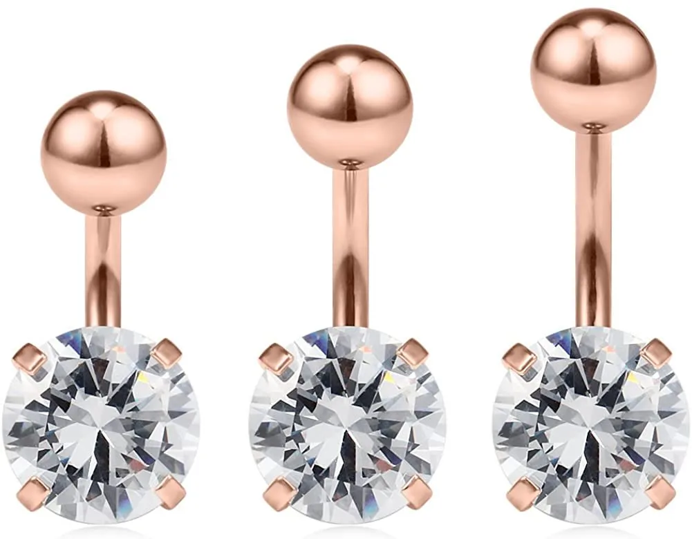 

14G 316L Surgical Steel Four Prong-Set Clear CZ with Shiny Ball Top Belly Earring Navel Button Rings Short Bar 6mm 8mm 10mm 3PCS