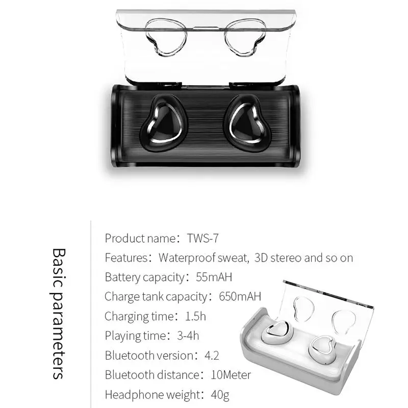 TWS-7 TWS Bluetooth наушники настоящие беспроводные наушники мини стерео музыка с микрофоном для спорта с зарядным устройством