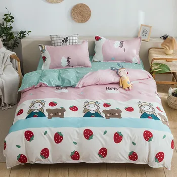 

Straberry Girl Print Bedding Set Cartoon Bear Duvet Cover Bed Sheet and Pillowcase for Girl Bed Linens Bedclothes 3/4 Pieces