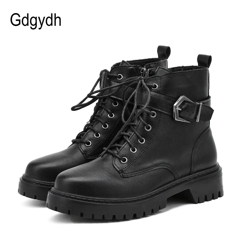 

Gdgydh 2020 Spring Autumn Women Motorcycle Boots Chunky Heel Punk Female Short Boots Lace-up Ankle Strap Buckles Women Shoes