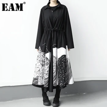 

[EAM] Women Black Pattern Printed Drawstring Big Size Dress New Lapel Long Sleeve Loose Fit Fashion Spring Autumn 2020 1DB244