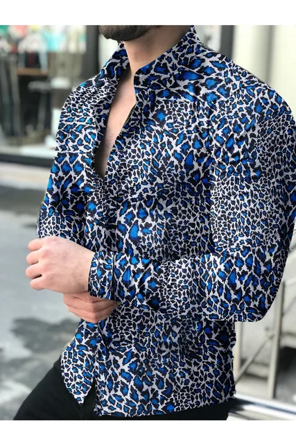 Men's shirt New Hawaiian Shirts Men Single Button Shirts Wild Shirts Printed  Male Blouses 2021 Blue