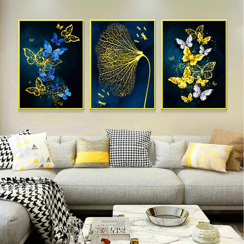 

Blue Gold Butterfly Wall Art Triptych Diamond Painting Full Square Round Diamond Embroidery Mosaic Picture Of Rhinestones,N1252