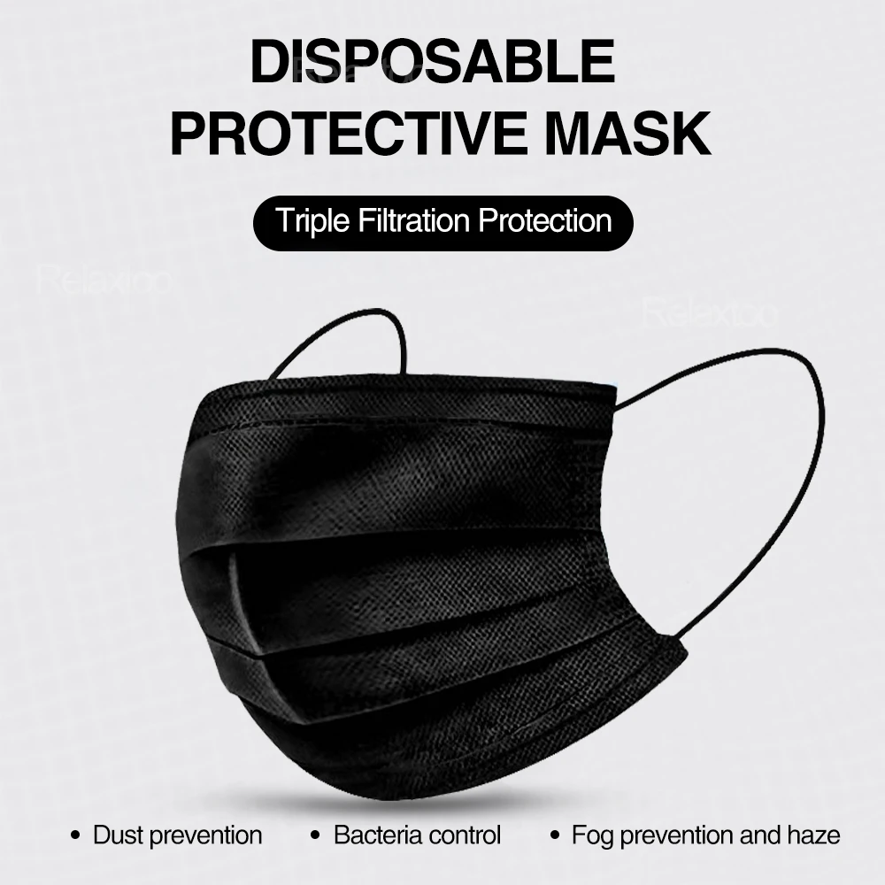 

100 pcs black Disposable Mouth Masks Protective Face Masks 3 Layers Filter Breathable Non Woven Anti-dust Earloop dropshipping