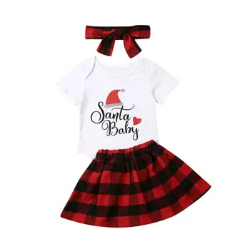 

Christmas Baby Girl Outfits Short Sleeve Tops + Plaids Skirt Dress + Headband Xmas Costume Outfit