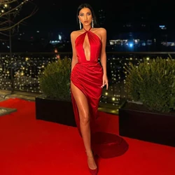 LORIE Sexy Red Evening Dresses Halter Pleats Satin High Side Split Long Mermaid Arabic Prom Gown Special Celebrity Party Dress