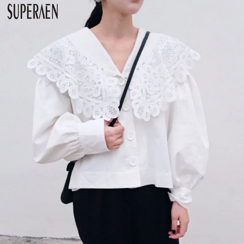 

SuperAen Korean Style Women Shirts Cotton Fashion Sweet Ladies Blouses and Tops Single-breasted Solid Color New 2019 Autumn