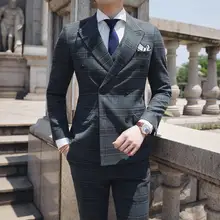 3 шт двубортные клетчатые мужские костюмы элегантные деловые костюмы для мужчин дизайн серые костюмы