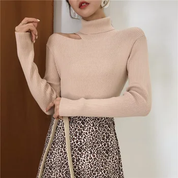 

Women's Sweater 2020 Sexy High Neck Hollow Off Shoulder Pullovers Solid Color Slim Bodycon Long Sleeve Spring Sweater For Woman