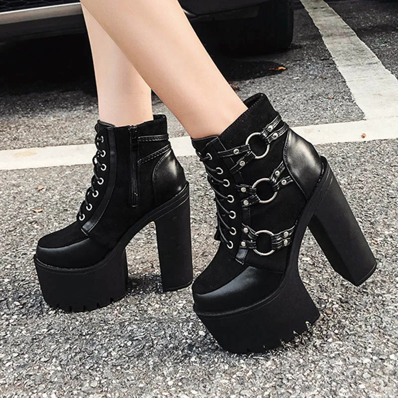 

Lady Motorcycle Boots Platform High Heels Ankle Boots Casual Shoes Lacing Autum Bota Feminina Zapatos De Mujer Shoes Women