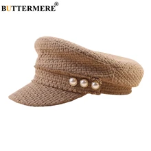 BUTTERMORE, военная женская шляпа высокого качества, винтажная твидовая шляпа цвета хаки, украшенная жемчугом, Повседневная осенне-зимняя женская плоская шапка