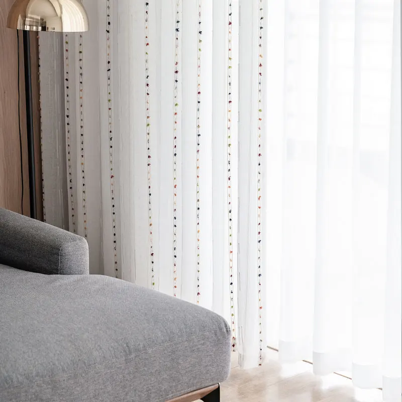 White Embroidered Linen Tulle Window Curtains for Living Room Colorful Stripe Sheer Voile Curtain for Bedroom Drapes Blind Decor