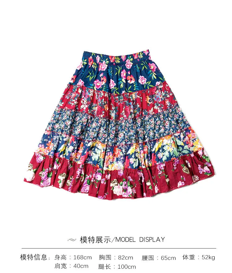 National Wind WOMEN'S Dress Summer Printed Skirt zhi pai Origional Elastic Waist Joint Big Skirt Holiday Trip Shoot Full Skirt