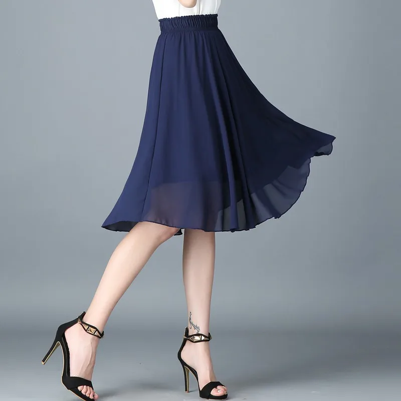 Women Chiffon Pleated Skirt Summer Thin Solid Pleated Skirts Womens Saias Midi Faldas Vintage Women Skirt Elegant Office Cloth