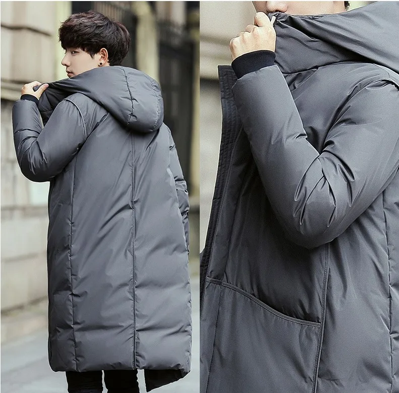 Black Gray Long Winter Down Jacket Men Thick Warm Hooded Loose Solid Outerwear Fashion Windproof Overcoat Mens Clothes YT50206