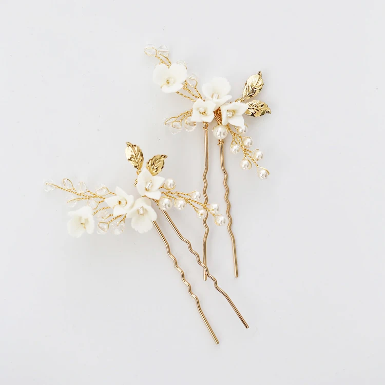 2pcs hair pin Нежная глина цветок свадебные заколки для волос ручной работы Романтические свадебные украшения для волос невесты головной убор золотое украшение на голову в форме листа для подружки невесты - Окраска металла: 2pcs hair pin