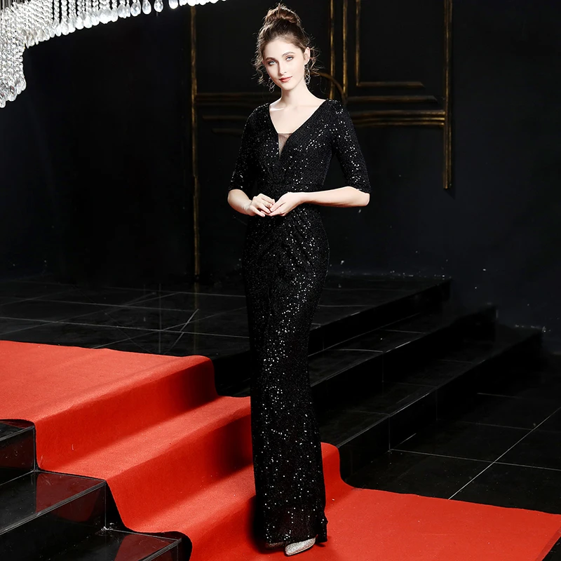 Red Mermaid Evening Dress Half Sleeve Sequin Formal Evening Gown Party Dresses Gowns Robe De Soir E Rouge Dress Occasion Special