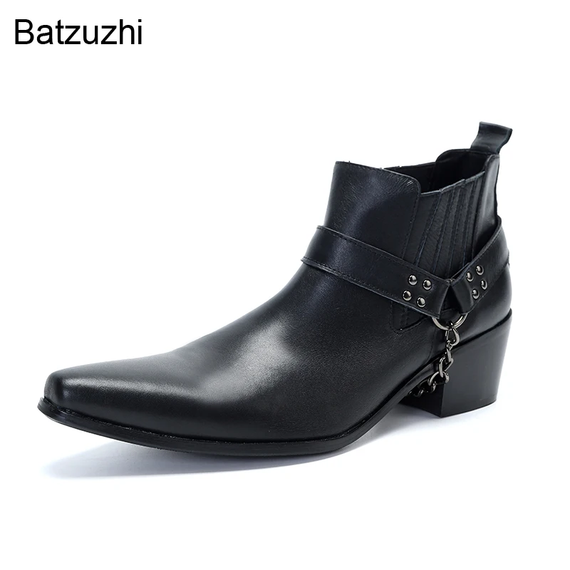 Batzuzhi New Design Men's Boots Black Genuine Leather Boots Men With Chains 6.5cm High Heels Motorcycle Zapatos Hombre, 38-46