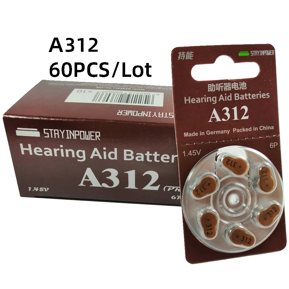 60 PCS Stay in Power Zinc Air Hearing Aid Batteries A312 312A 312 P312 PR41 Battery for Aids | Красота и здоровье