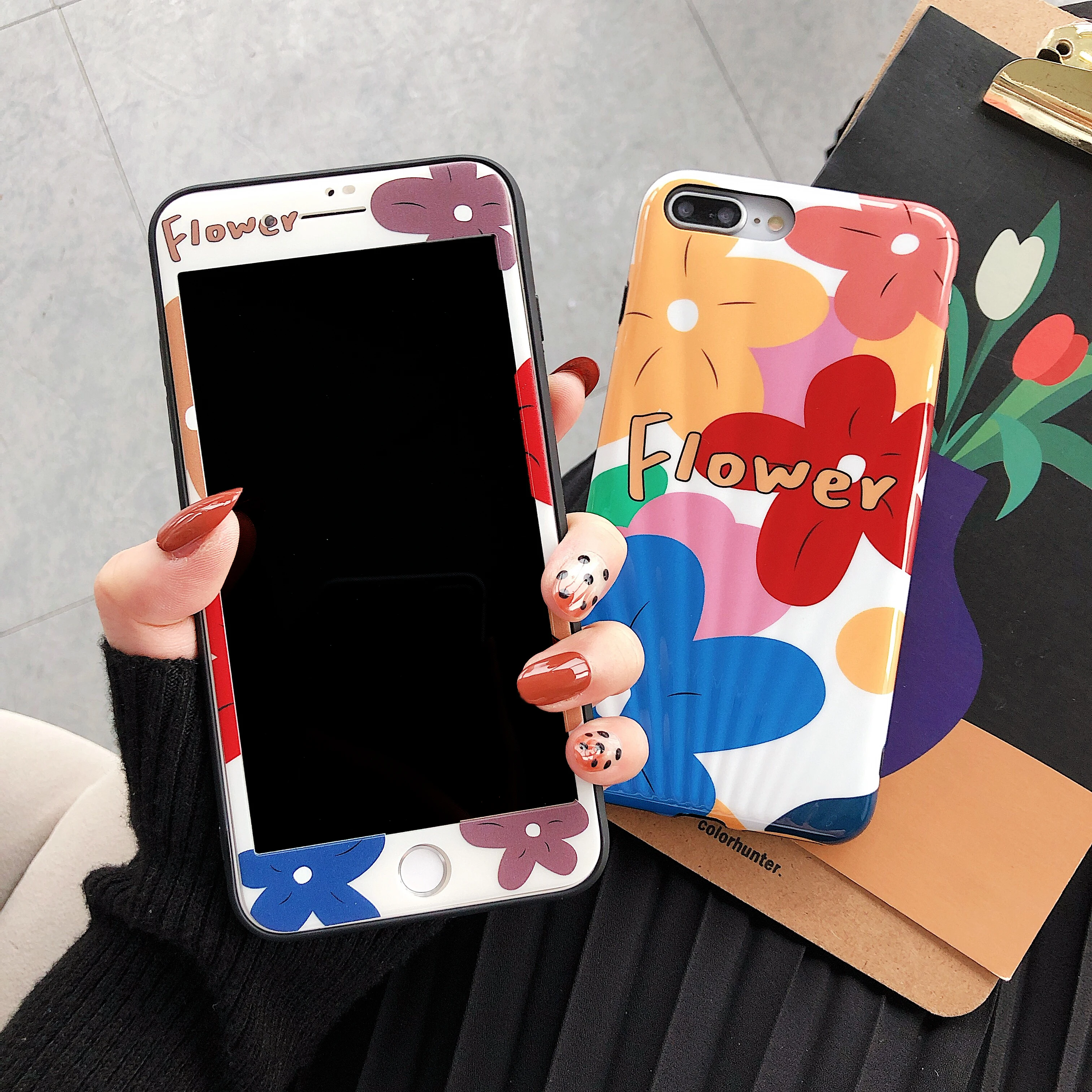 

Cute Flower HD Screen protection film+Phone Case Soft TPU Cover For iPhone 6 6s 7 8 Plus X XS XR XSMax