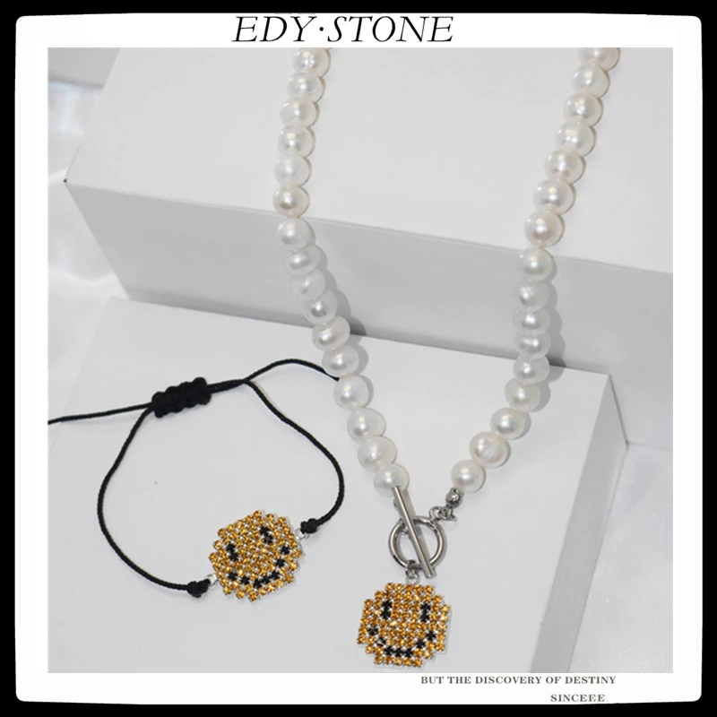 EDY Korea Smiley Pearl Necklace Fashion Clavicle Chain OT Buckle Temperament Sweater Short For Women Girl Party Jewelry | Украшения и