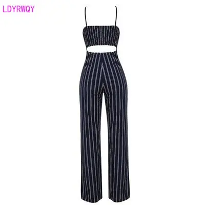 2020 spring and autumn new European and American women's fashion sexy striped sling wide leg long jumpsuit  Bow  Chiffon