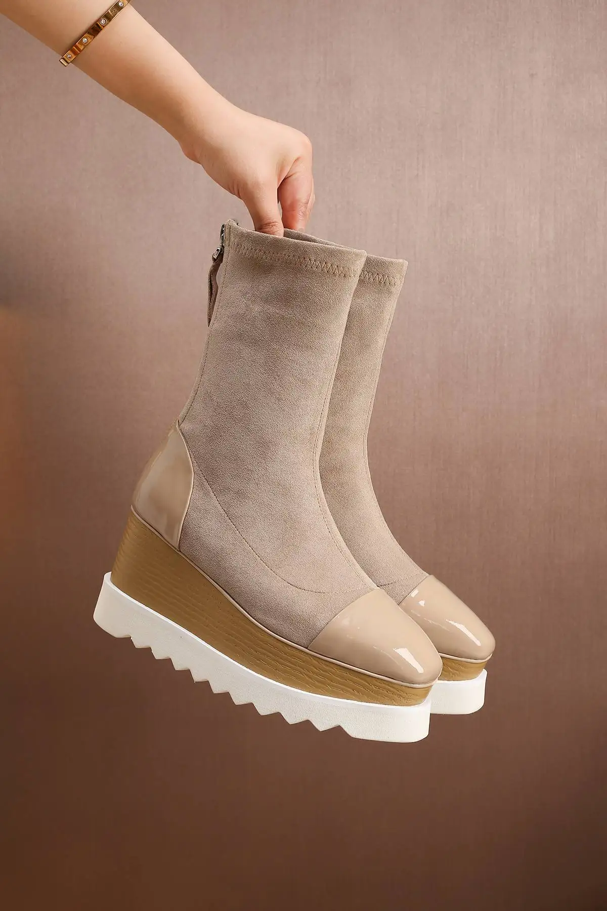 comfortable flock square toe wedges mid-calf boots casual lace up runway strech platform boots increased women winter shoes L08