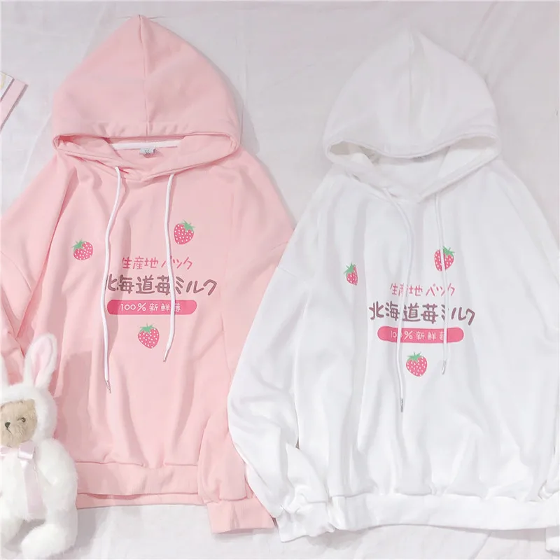 Woherb Harajuku Kawaii женские толстовки с капюшоном японский стиль мультфильм клубника Печать Графический розовый белый пуловер с капюшоном