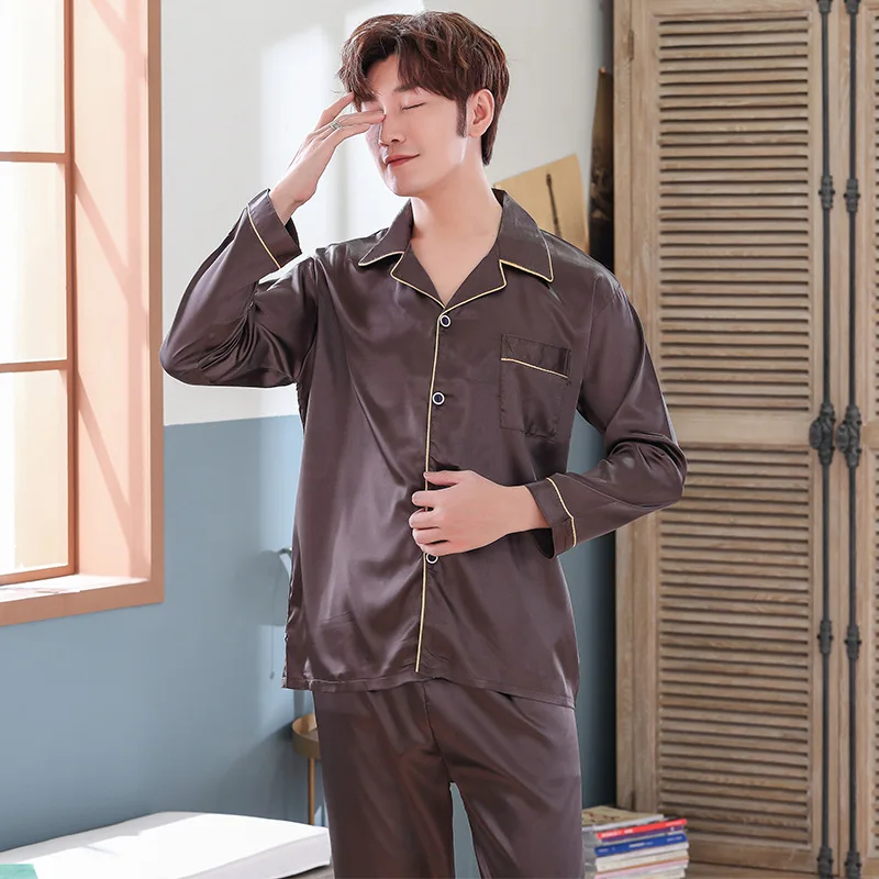 Men's Pajamas Set Autumn Winter Silk Male Pajamas Sets Simple Sleepwear Men's Long Sleeve Nightwear Top Pant Leisure Pyjamas Set