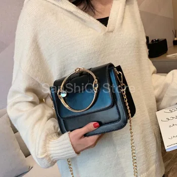 

Women Vintage Handbag Female 2020 New Korean Luxury Designer Chain Fashion Ring Handle Tote Small Square Shoulder Messenger Bag
