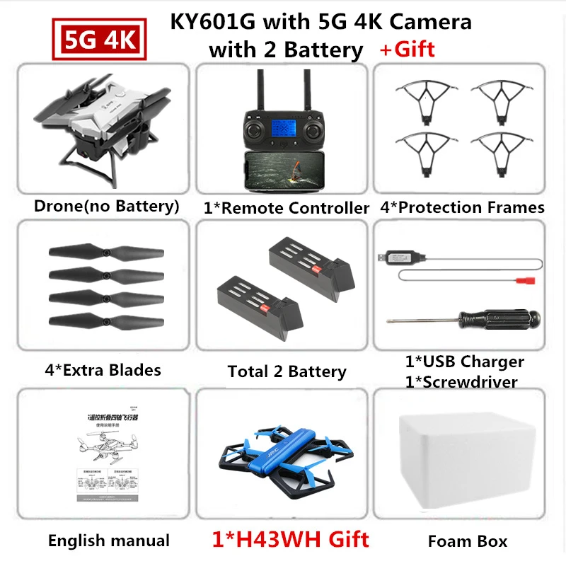 KY601G Радиоуправляемый Дрон, gps Квадрокоптер с 5G 4K HD камерой, 2000 метров, управляемый дистанционный Квадрокоптер, игрушка VS XS812 E520S, Дрон - Цвет: W2 4K Cam Foam Box