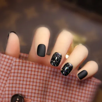 

24pcs short matte false nails Dark Night Starry Sky Phototherapy Nail Black Wearable Patch Fashion pre design acrylic nail tips