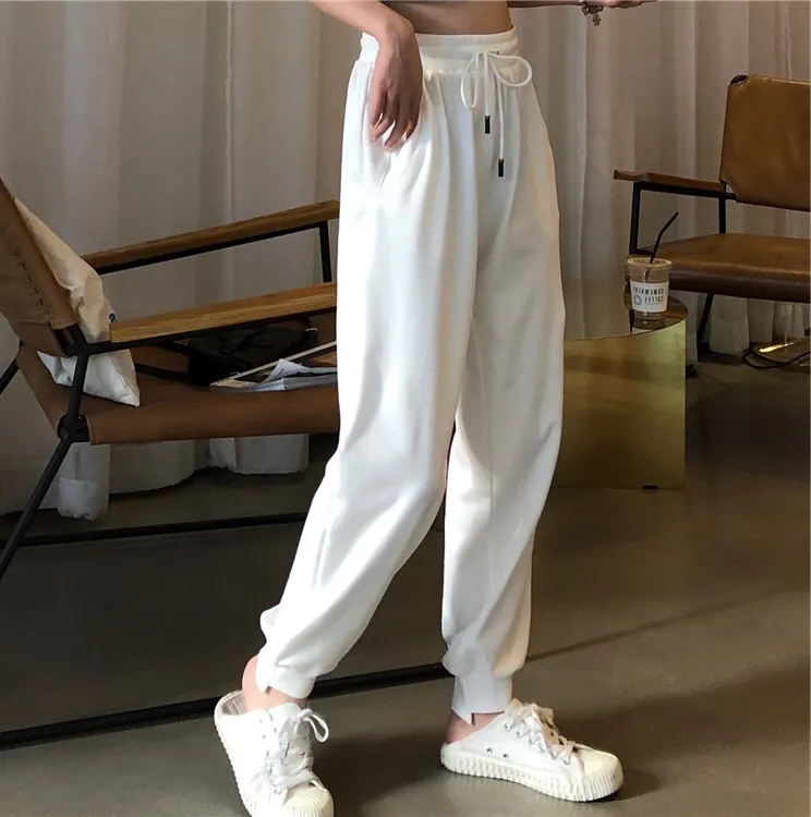 Korean chic White High Waist Harem Pants Women Casual Loose Black Long Pants Female Summer Pocket Lace-up Elastic Trousers