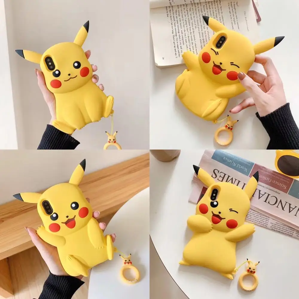 

Japan cartoon 3D cute emoticon pack small detective Bikachus + ring silicone soft cover for iphone MAX XS XR 7 8plus phone case