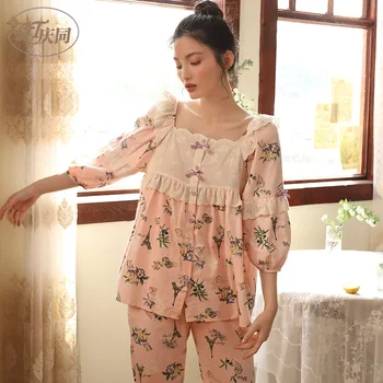 

Summer Women Woven Cotton Short Sleeve Sleepwear Plus Size Floral Printing Pajamas Korean Loose Sweet and Lovely Princess Suit