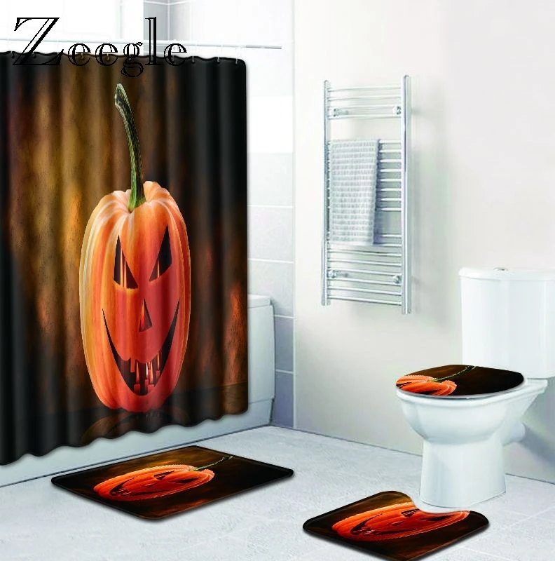 Zeegle Bathroom Mat with Shower Curtain Set Halloween Mat for Bathroom Decoration Toilet Seat Cover Shower Curtain with Hooks
