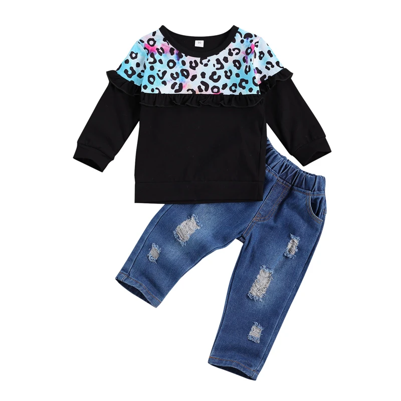 

BY Toddler Casual Outfits Baby Long Sleeve Round Neck Leopard Pullover + Ripped Jeans with Pockets Girls Clothing Set Kids