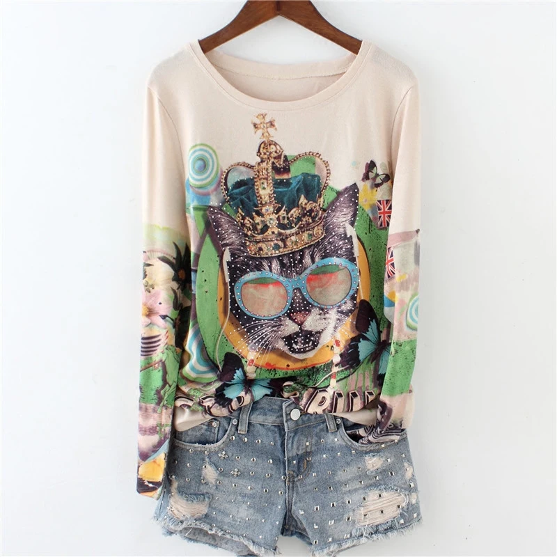 

4XL ropa de mujer 2020 Spring long sleeve top tshirt women Cat Print Spring Beading Plus Size Cotton Korean Kawaii Y2K Top CC001