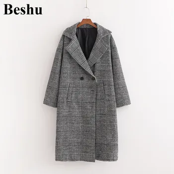 

za 2019 fashion woolen coat women tweed plaid double-breasted suit V-neck woolen coat casual elegant long sleeve lady clothes